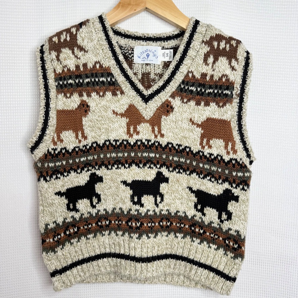 Kitestrings Kids Vintage Fair Isle Dog Sweater Vest Cotton V-Neck Made USA 5/6